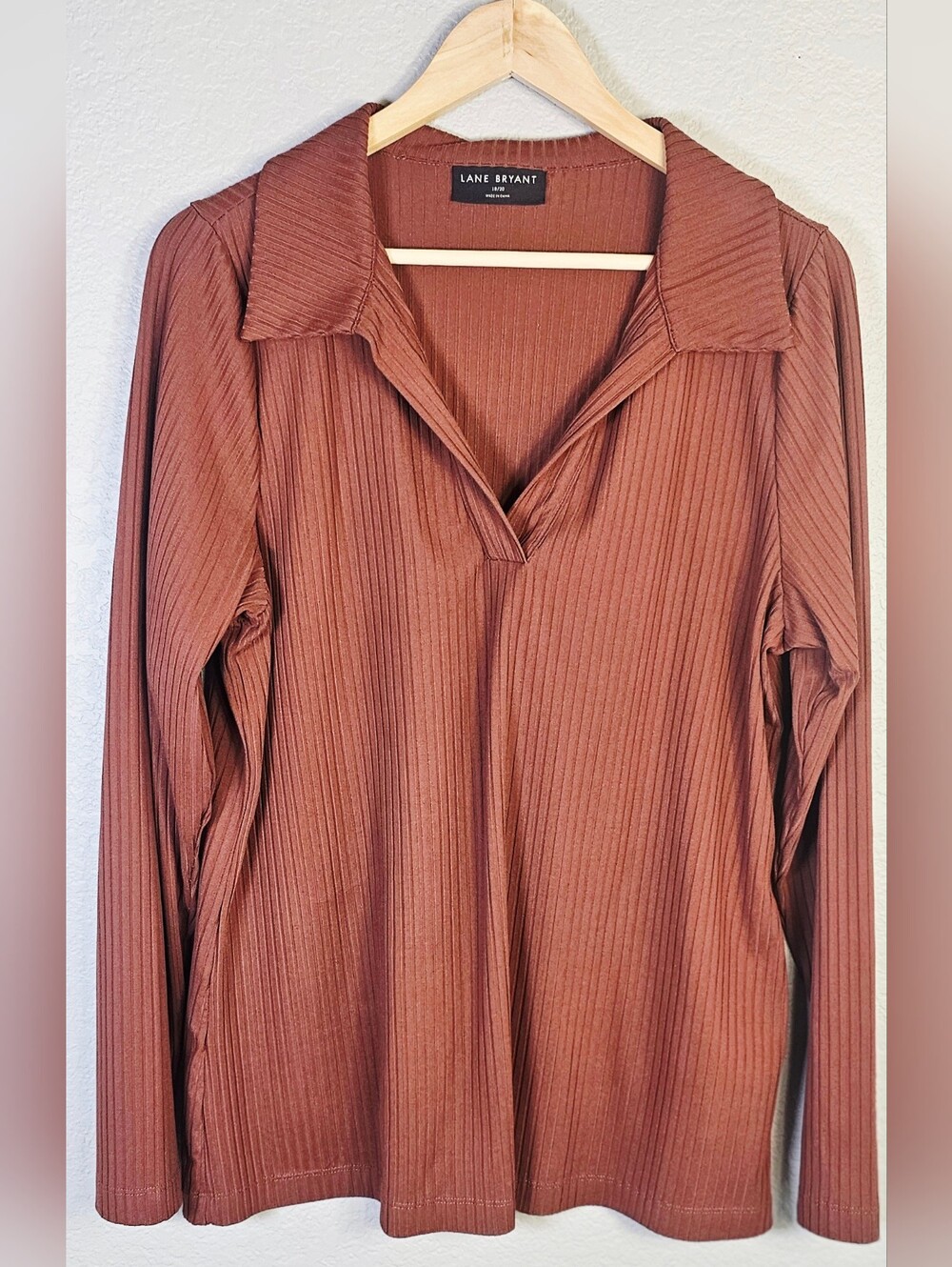 Lane Bryant 18/20 Brown Ribbed Collared Long Sleeve Polo Top Plus Size